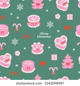 Christmas cake y2k style. Festive seamless pattern. Coquette bow and ribbon. Vector