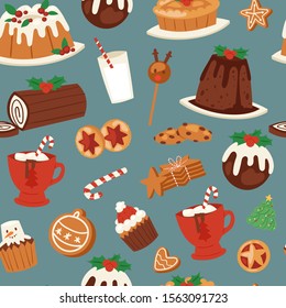 Christmas cakes, candy and sweets seamless pattern. Vector cartoon illustration of winter holidays spicy cakes, lollipops and gingerbread cookies. Mug with hot chocolate, traditional Christmas sweets.