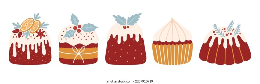 Christmas cakes decorated with icing, berries, leaves, and spruce branches. Set of homemade traditional holiday baking. Vector Illustration