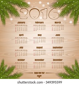 Christmas calendar 2016 on a wooden background. Happy New Year. Vector illustration.