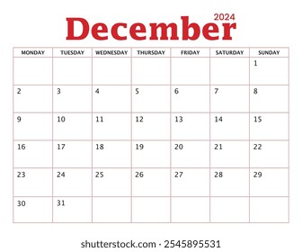 Christmas Calendar 2024 with Monday start