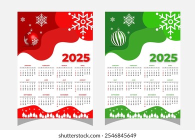 Calendario de Navidades 2025, calendario 12 meses 2025 inicio de la semana Domingo Vector de Plantilla de diseño corporativo. Calendario de escritorio listo para imprimir 2025.