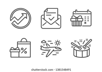 Christmas calendar, Airplane travel and Shopping icons simple set. Approved mail, Audit and Drums signs. Presents day, Trip flight. Line christmas calendar icon. Editable stroke. Vector