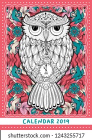 Christmas Calendar Cover with Owl Bird. Antistress Coloring Book for 2019 New Year Wall Calendar. Multicolored Outline Bird in Doodle Style, Patterned and Colored First Page. Vector A4 size