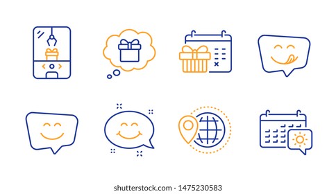 Christmas calendar, Crane claw machine and Smile face line icons set. Yummy smile, World travel and Gift dream signs. Travel calendar symbol. Presents day, Attraction park. Holidays set. Vector