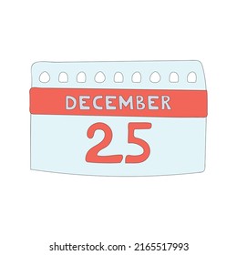 Christmas calendar date illustration. New Year decorative vector element, colorful holiday December 25 calendar sheet icon isolated on white background. New Year holidays, Christmas Eve - cute element