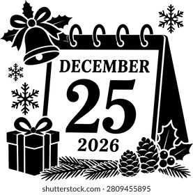 Christmas calendar design featuring December 25 2026 isolated on transparent background
