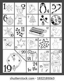 Christmas calendar in doodle style with holiday elements - tree, Santa, gnome, elf, snowflake, star, sleigh, snow globe, snowman, felt boots, sock, mittens, hot chocolate. Christmas poster coloring