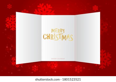 Christmas calendar doors. Advent window, xmas festive present. Blank paper open card or invitation. Red winter New Year background with snowflakes. December vector illustration