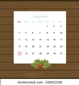 Christmas Calendar Hanging On The Wall Of Wooden Planks. Vector Illustration