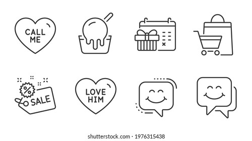 Christmas calendar, Ice cream and Smile face line icons set. Smile chat, Sale and Love him signs. Sale bags, Call me symbols. Presents day, Sundae cup, Chat. Holidays set. Quality line icons. Vector