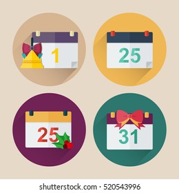 christmas calendar icon pack with long shadow, flat design style