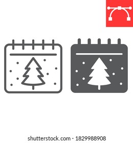 Christmas calendar line and glyph icon, merry christmas and xmas, tree sign vector graphics, editable stroke linear icon, eps 10