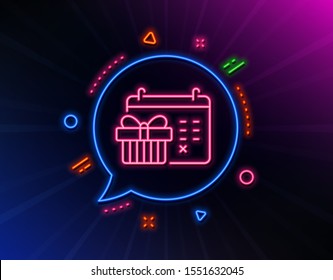 Christmas calendar line icon. Neon laser lights. New year presents day sign. Surprise symbol. Glow laser speech bubble. Neon lights chat bubble. Banner badge with christmas calendar icon. Vector
