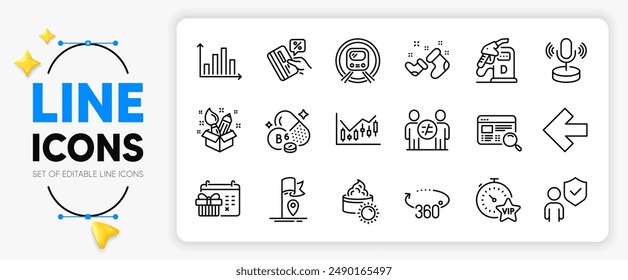 Christmas calendar, Microphone and Diagram graph line icons set for app include Financial diagram, Credit card, Metro subway outline thin icon. 360 degrees, Sun cream, Vip timer pictogram icon. Vector