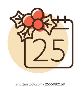 Christmas calendar with mistletoe vector icon. December 25 sign. Winter sign. Graph symbol for event and holiday web site and apps design, logo, app, UI