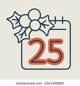 Christmas calendar with mistletoe vector icon. December 25 sign. Winter sign. Graph symbol for event and holiday web site and apps design, logo, app, UI