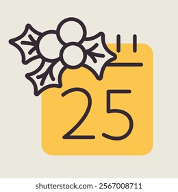 Christmas calendar with mistletoe vector icon. December 25 sign. Winter sign. Graph symbol for event and holiday web site and apps design, logo, app, UI