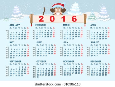 Christmas calendar. Monkey in santa hat symbol 2016 year holding banner. Illustration in vector format