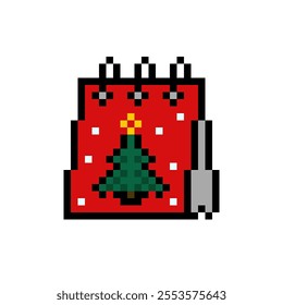 Christmas calendar with new year tree icon in pixel art design isolated on white background, Christmas and New Year vector sign symbol.