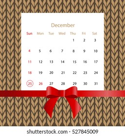 Christmas calendar on the background of knitted sweater. Vector illustration