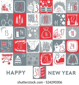 Christmas calendar and poster. Vector illustration for winter holidays. Funny days with beautiful grey and red calendar. 