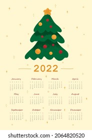 Christmas Calendar template for 2022. Vertical design with Christmas tree. Editable illustration page template A4, A3, set of 12 months. Wall decor, poster Vector mesh. Week starts on Sunday.