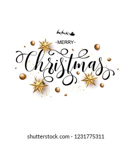 Christmas Calligraphic Inscription Decorated with Golden Stars and Beads on White Background. Vector
