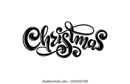 Christmas Calligraphic Inscription Hand Written Decorated Lettering Logos For Winter Holiday Design Greeting Card, Banners, Gift Template. Vector Black Text. Typography Festive Merry Christmas Fonts 