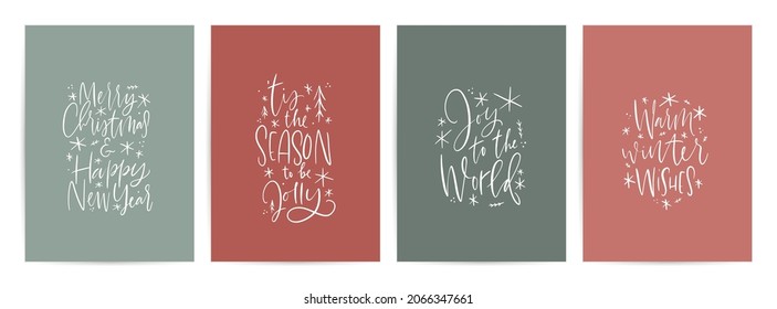 Christmas calligraphy greeting card set. Traditional winter holiday wishes. Modern script signs with snowflakes on red and green backgrounds.