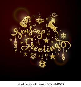 Christmas calligraphy. Handwritten modern brush lettering.Christmas golden glitter design elements set.