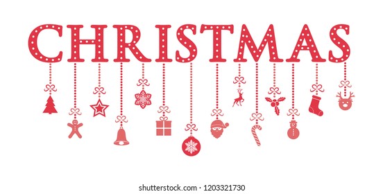 Christmas calligraphy with ornaments. Vector.