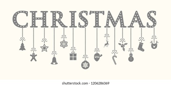 Christmas calligraphy with ornaments. Vector.