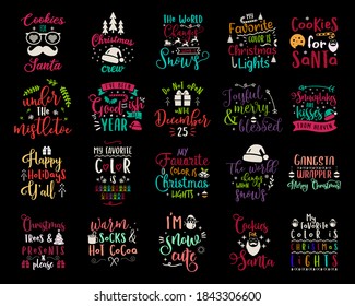 Christmas calligraphy quotes collection. Silhouette typography designs for xmas decoration, cards, t shirts, mug, other prints with words and holiday elements. Stock vector lettering bundle