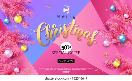 Christmas calligraphy sale inscription on pink background decorate balls fir branch and gold stars for online banner or promo poster design. Vector illustration