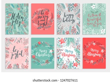 Christmas Callygraphic card set - hand drawn floral Vector illustration.Handwritten lettering with christmas decorative elements.