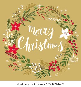 Christmas Callygraphic floral Wreath - hand drawn Vector illustration.Handwritten lettering "Merry Christmas"