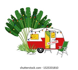 
 Christmas camper with garlands of light bulbs and a folding chair on a background of exotic nature. Hand drawn vector illustration. Color sketch.
