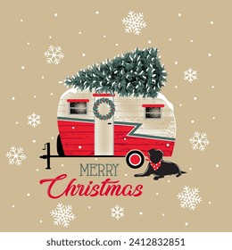 Christmas Camper and Pine Tree with Dog pet. Merry Christmas Text and Snowflakes-Christmas Vector Illustration