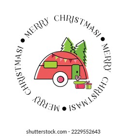 Christmas camper with christmas tree. Cute vintage vector illustration. Travel trailer in Winter bunner. Christmas element for  posters, card.
