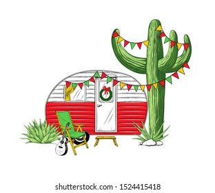 Christmas Camper, Various Cacti, Garlands With Flags And A Armchair With A Guitar. Festive Vector Illustration. Travel Trailer On A Background Of Exotic Nature.
