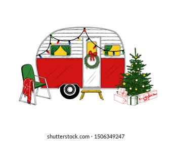 Christmas camper. Vintage vector illustration. Engraved design element on a white background. Christmas style.