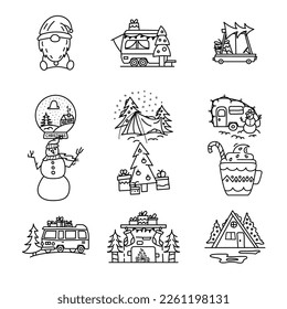Christmas camping icons and elements in line art style. Silhouette travel symbols icluding snowman, rv trailer, christmas trees. Stock vector graphics