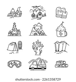 Christmas camping icons and elements in line art style. Silhouette travel symbols icluding tent, christmas trees, gift boxes. Stock vector graphics