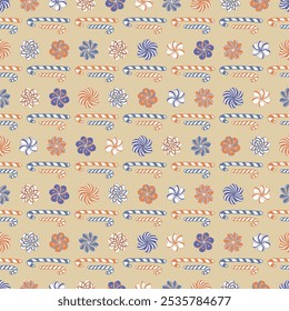 Christmas Candies and Candy Canes in non Traditional Purple and Orange in Horizontal Stripes on a Tan background creating a seamless pattern print background
