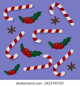 Christmas candies canes and berries. Banner, card. Vector illustration isolated on pink background	