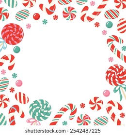 Christmas candies frame. Various holiday traditional sweets decor. Square border template. Flat vector illustration