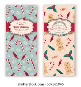 Christmas candies pattern and greeting text. Retro style for Christmas and New Year design.