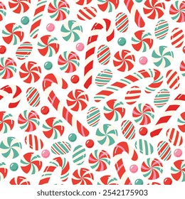 Christmas candies seamless pattern. Various holiday traditional sweets background. Flat vector illustration