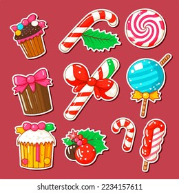 Christmas candies sticker set, xmas candy sticker collection pack. New-year holidays